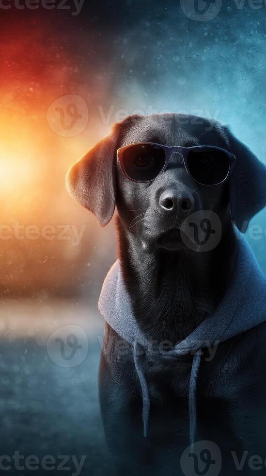 Black dog wearing sunglasses and hoodie poses confidently in a striking urban setting at dusk photo