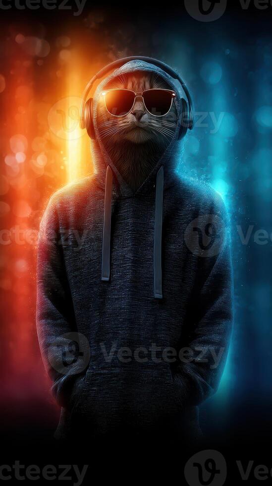 Cool cat wearing sunglasses and hoodie stands confidently against a vibrant blue and orange backdrop photo