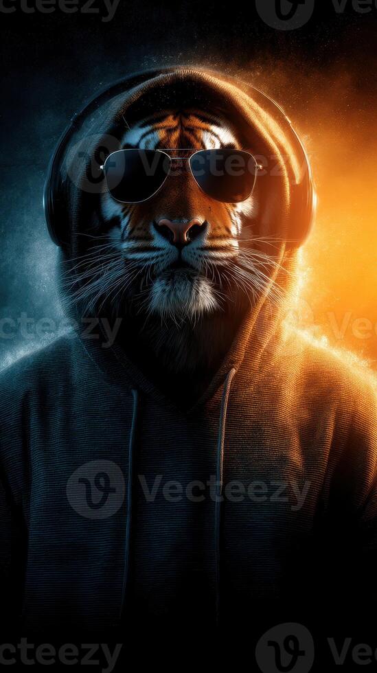 Cool tiger wearing hoodie and sunglasses, enjoying music in vibrant colors at night photo