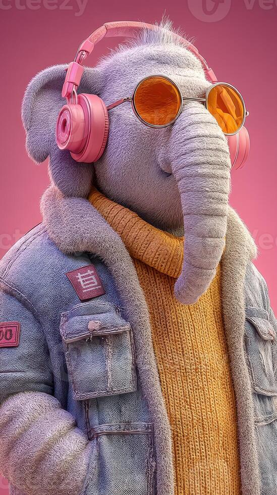 Cool elephant character wearing headphones and sunglasses poses confidently in a vibrant setting photo