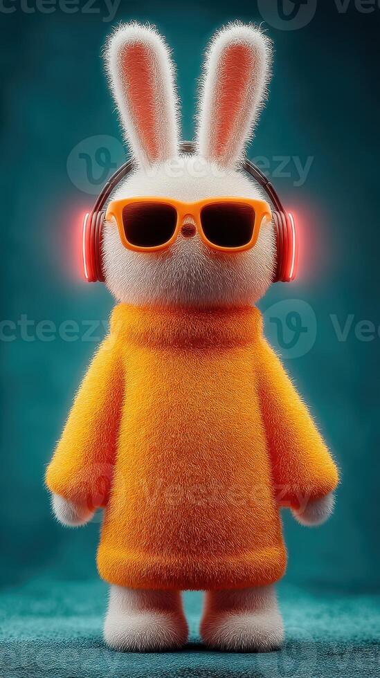 Cute rabbit character in colorful outfit with headphones and sunglasses posing in a vibrant setting photo
