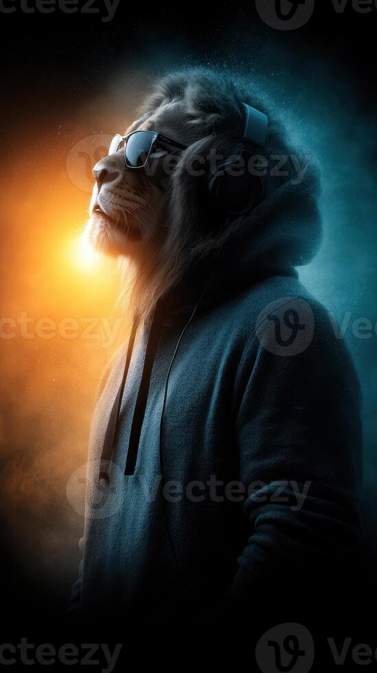 Lion wearing sunglasses and headphones stands confidently in a dark blue and orange atmosphere, showing a unique blend of strength and style photo