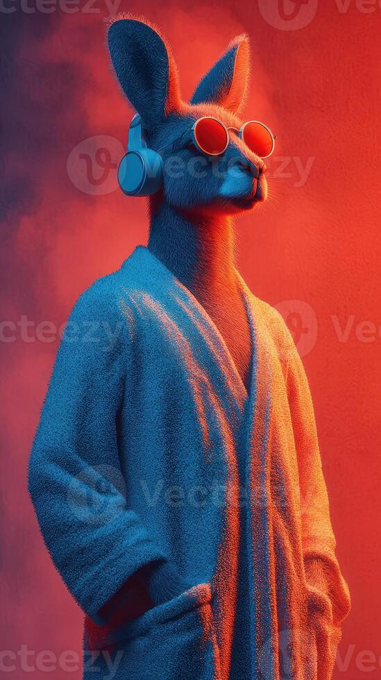Stylish rabbit wearing sunglasses and headphones stands confidently in a robe against a colorful, dramatic background photo