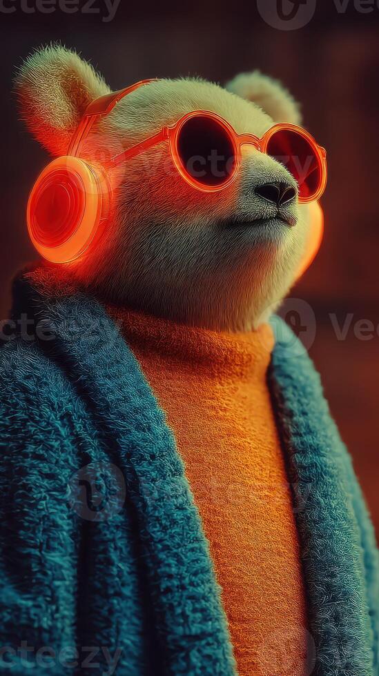 Polar bear wearing stylish sunglasses and headphones enjoys music in a cozy setting during evening time photo