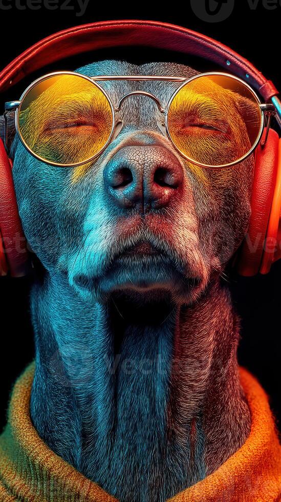 Dog wearing sunglasses and headphones enjoys music while posing with relaxed expression indoors photo