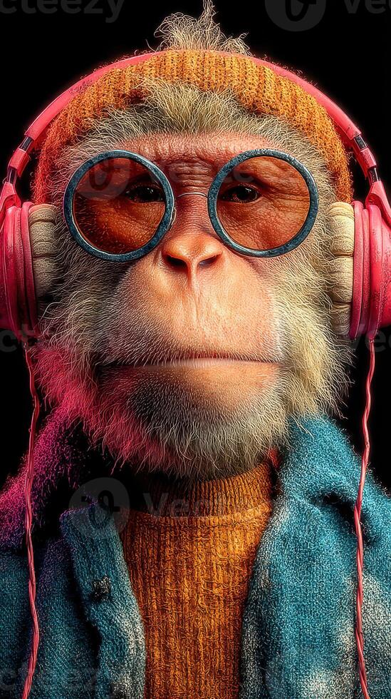 Stylish monkey wearing glasses and headphones in vibrant colors against a dark background photo
