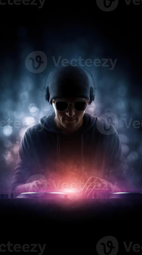 DJ mixes vibrant sounds with stunning visuals at a nighttime music event in an urban setting photo