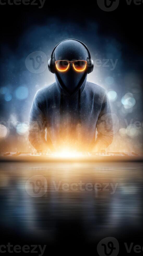 Mysterious DJ performing at an underground music event during a vibrant night in a dimly lit venue photo