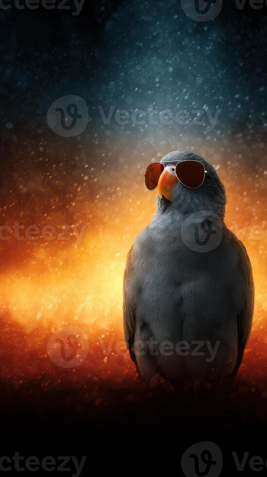 Bird wearing sunglasses poses confidently against a fiery backdrop in a creative and artistic setting photo