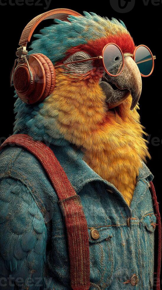 Colorful parrot dressed in denim and headphones showing a unique fashion sense photo