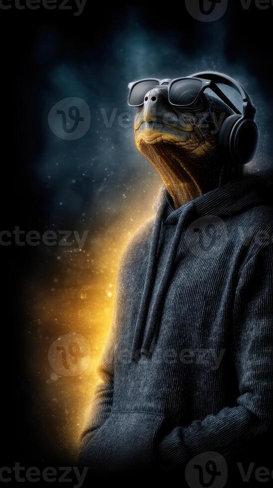 Turtle wearing sunglasses and headphones strikes a confident pose in an artistic display of urban style and coolness at night photo