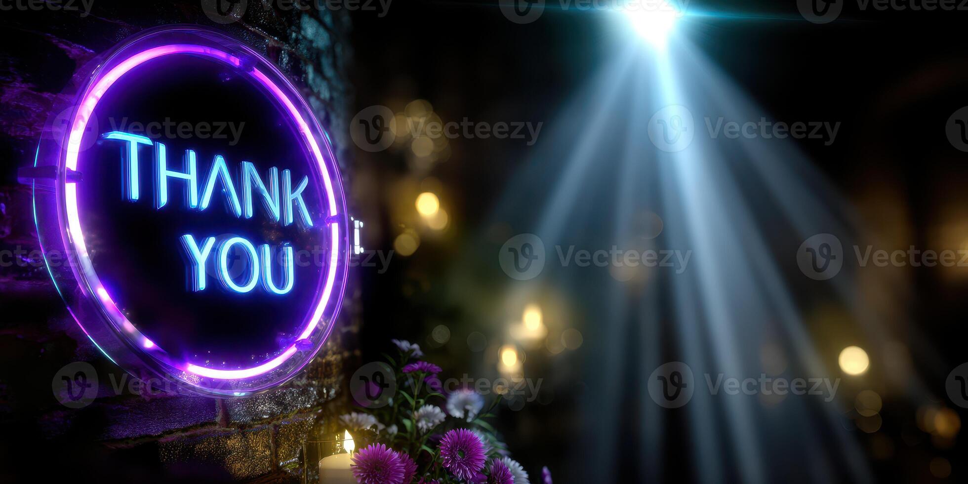 Neon thank you sign illuminated in a dimly lit space with flower decorations and soft lighting photo