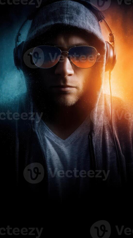 Mysterious DJ wearing headphones and sunglasses in a colorful lighting setting at night photo