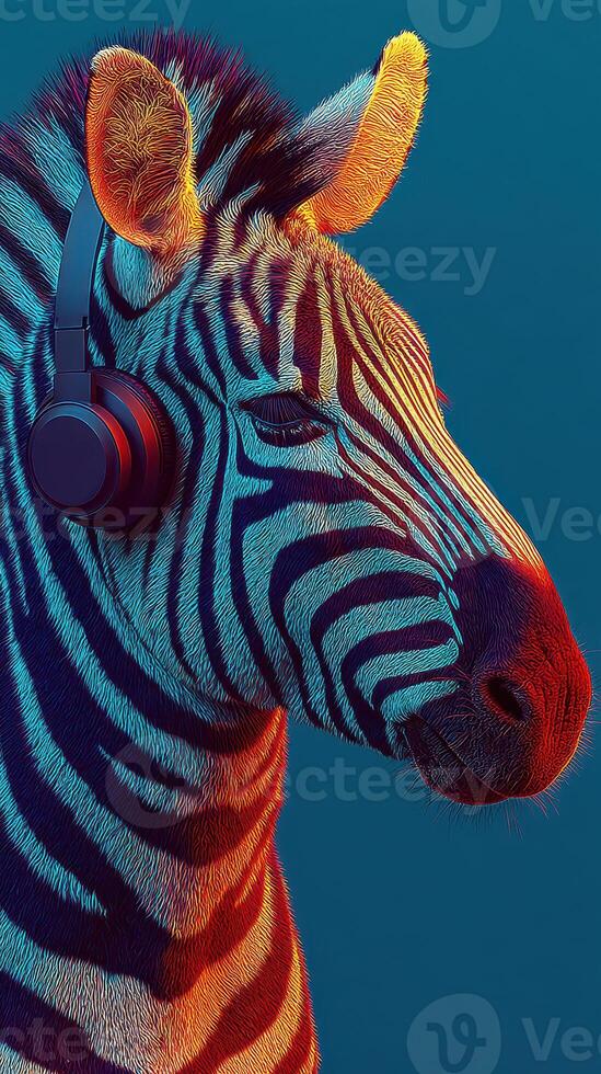 Zebra wearing headphones enjoys vibrant colors and unique style in a playful artistic representation photo