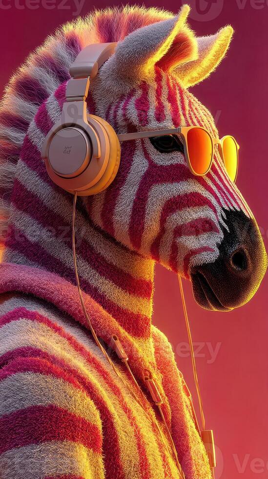 Stylish zebra with headphones and sunglasses posing against a vibrant sunset background photo