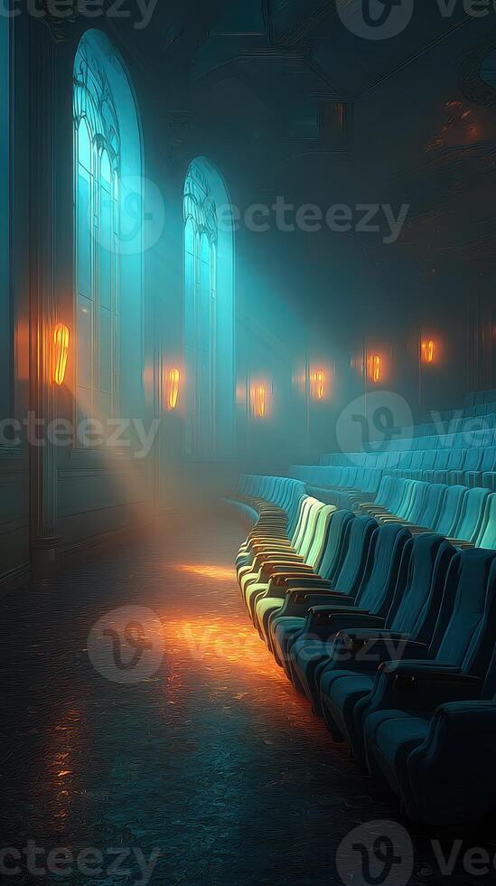 Dramatic light beams illuminate empty theater seats in a vintage auditorium photo