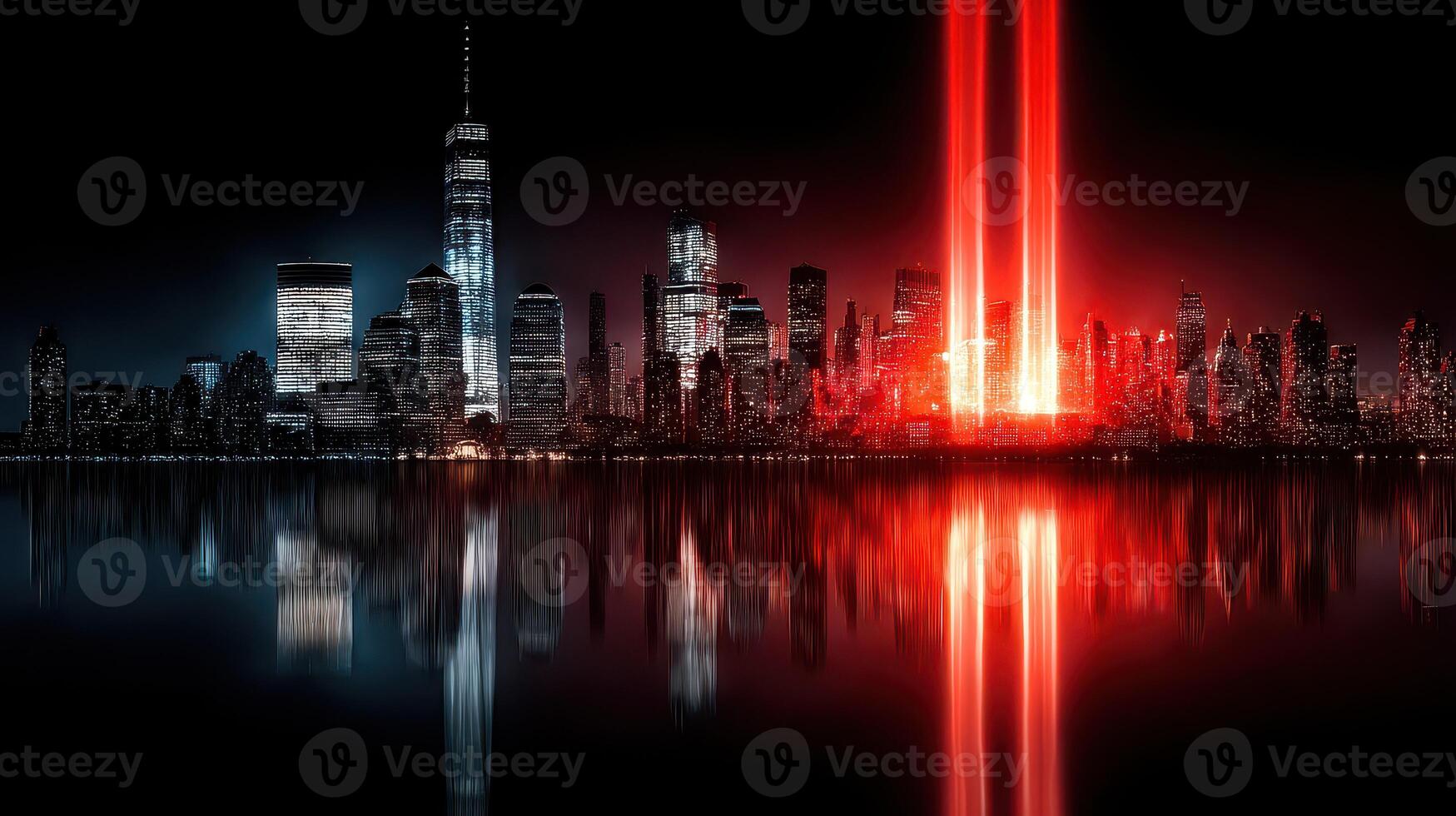 Skyline of New York illuminated by vibrant beams during nighttime, creating a striking visual contrast over the water photo