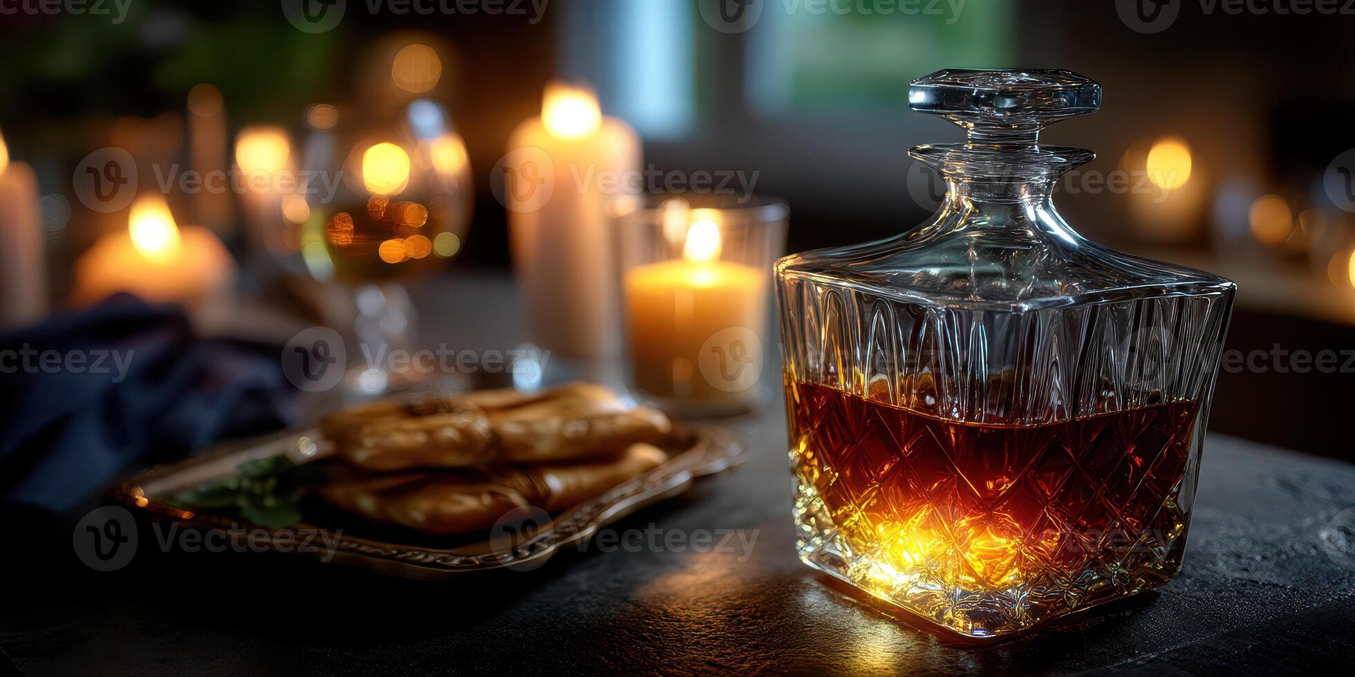 Warm glow from a vintage decanter with candles and sweet treats on a cozy table during evening gathering photo
