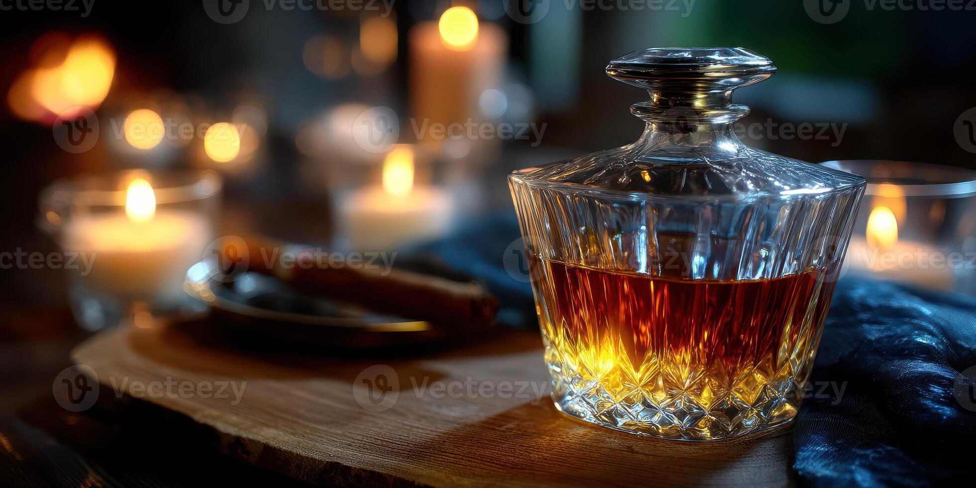 Elegant whiskey decanter set against flickering candles on a rustic wooden table in a cozy setting photo