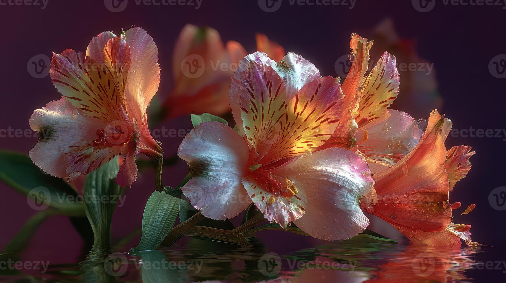 Colorful alstroemeria flowers with reflections captured in a still setting at dusk photo