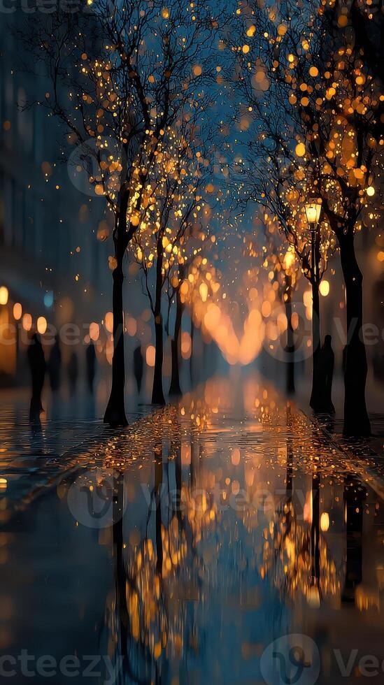 Evening stroll with glowing lights on a rainy street showcasing reflections and serene atmosphere photo