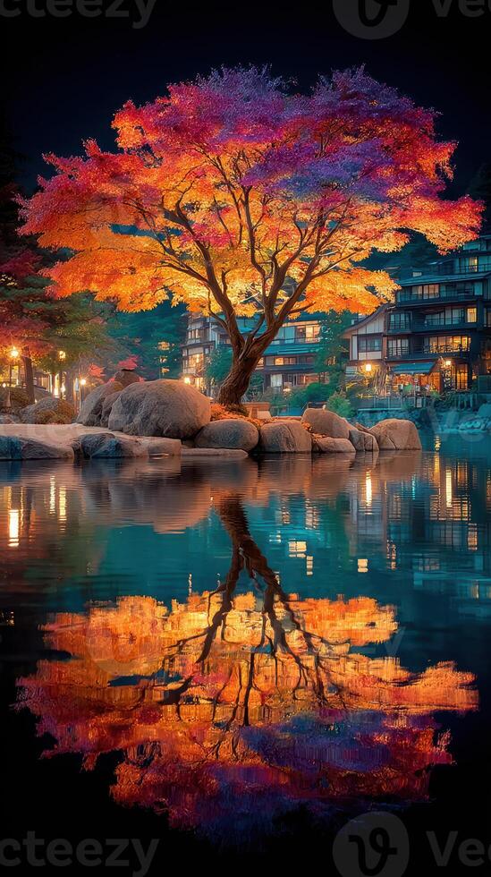 Vibrant maple tree displays stunning autumn colors by tranquil lake at night in serene Japanese landscape photo
