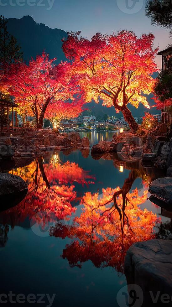 Stunning autumn colors reflecting in a tranquil pond at dusk in a serene landscape setting photo