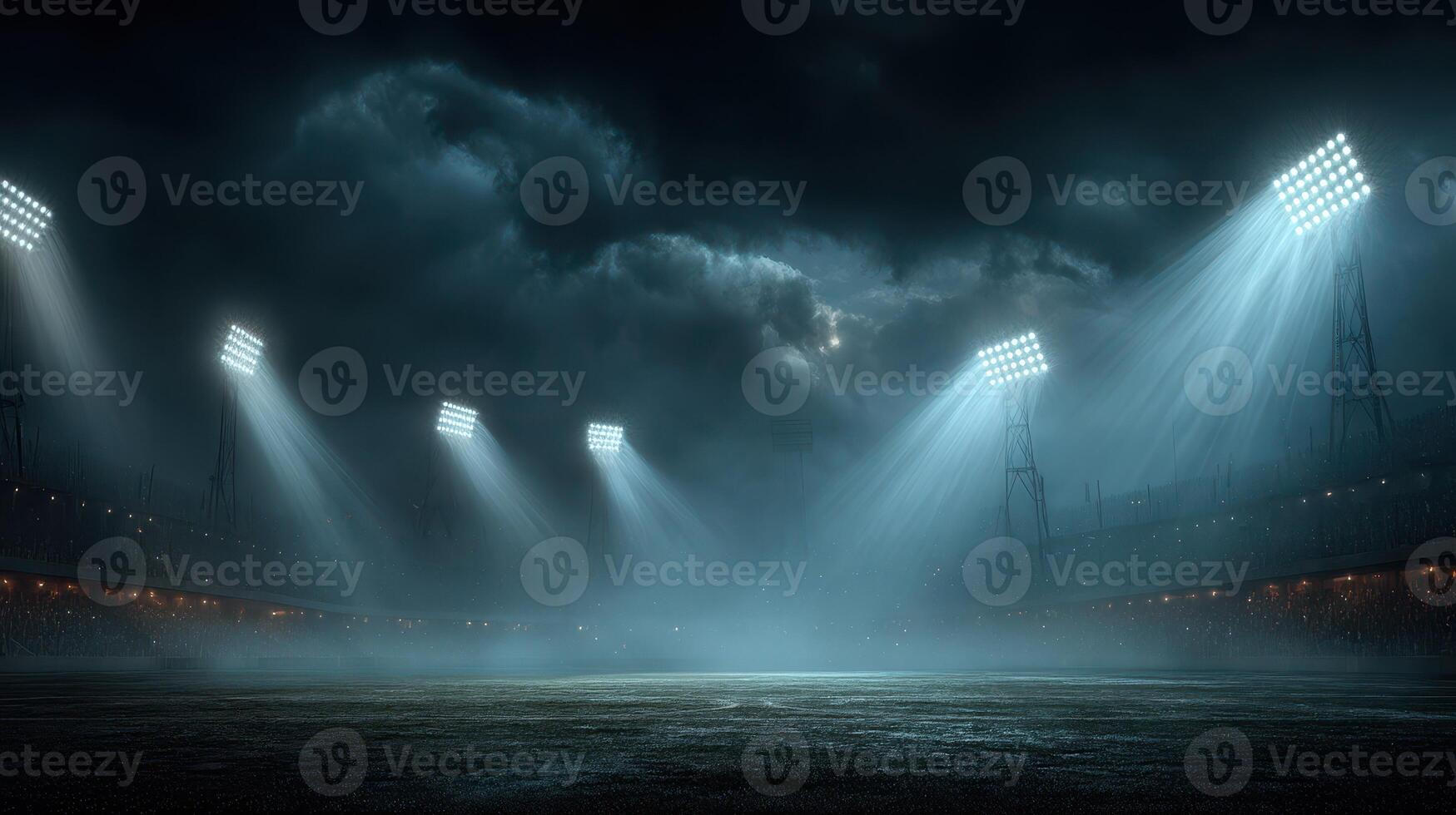 Illuminated sports field during a stormy night with dramatic lighting effects photo