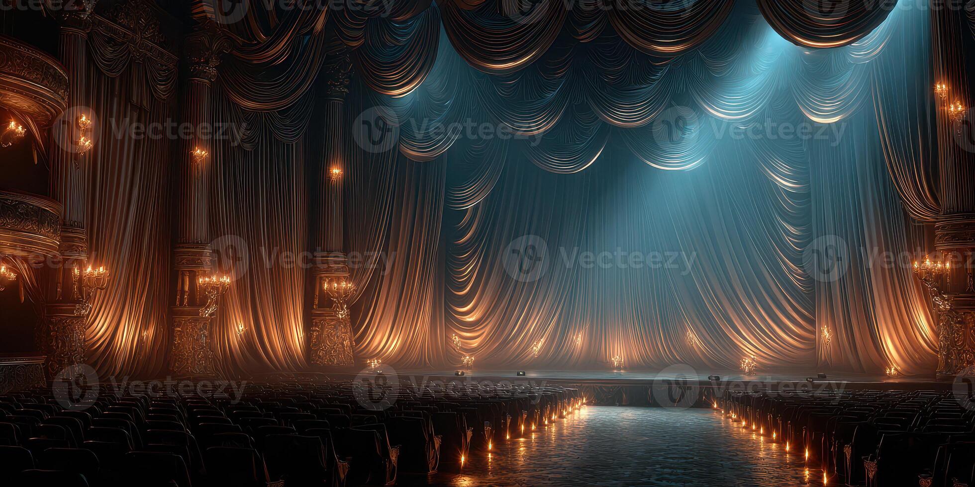Elegant theater stage with dramatic lighting and ornate decor, ready for a captivating performance in a grand venue photo