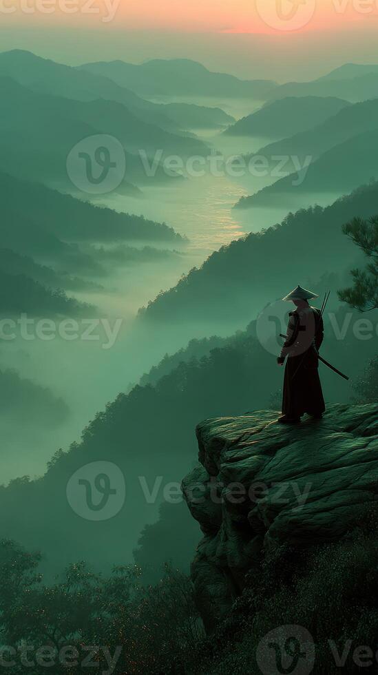 Warrior stands on cliff overlooking misty valley at dawn with sword ready photo