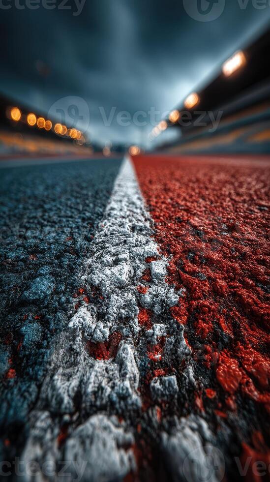 Vibrant racing track with contrasting colors under a dramatic sky at twilight photo