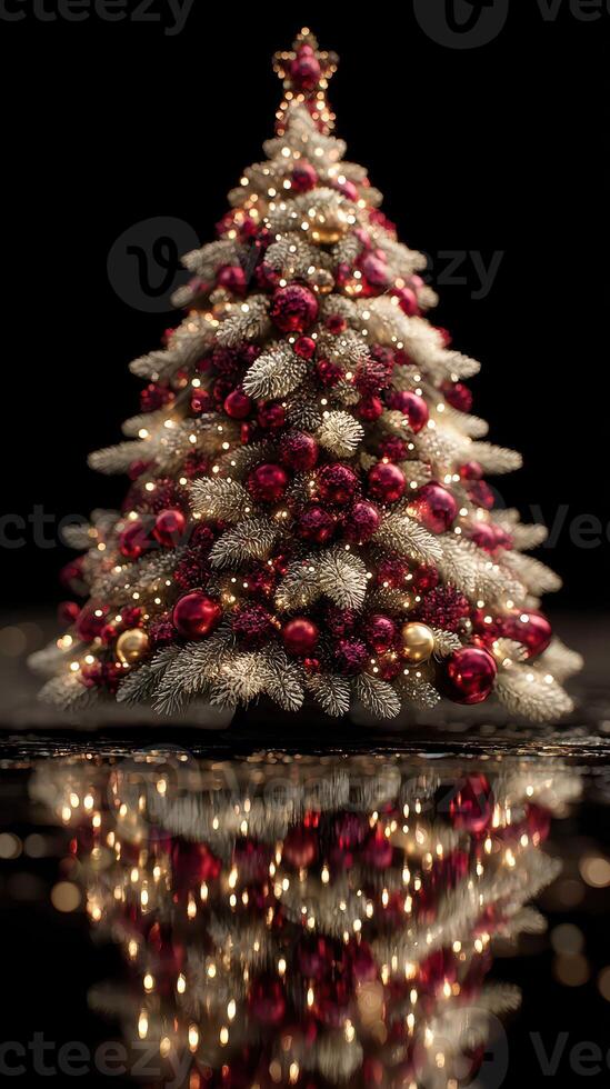 Beautifully decorated Christmas tree with red and gold ornaments reflecting on a dark surface photo