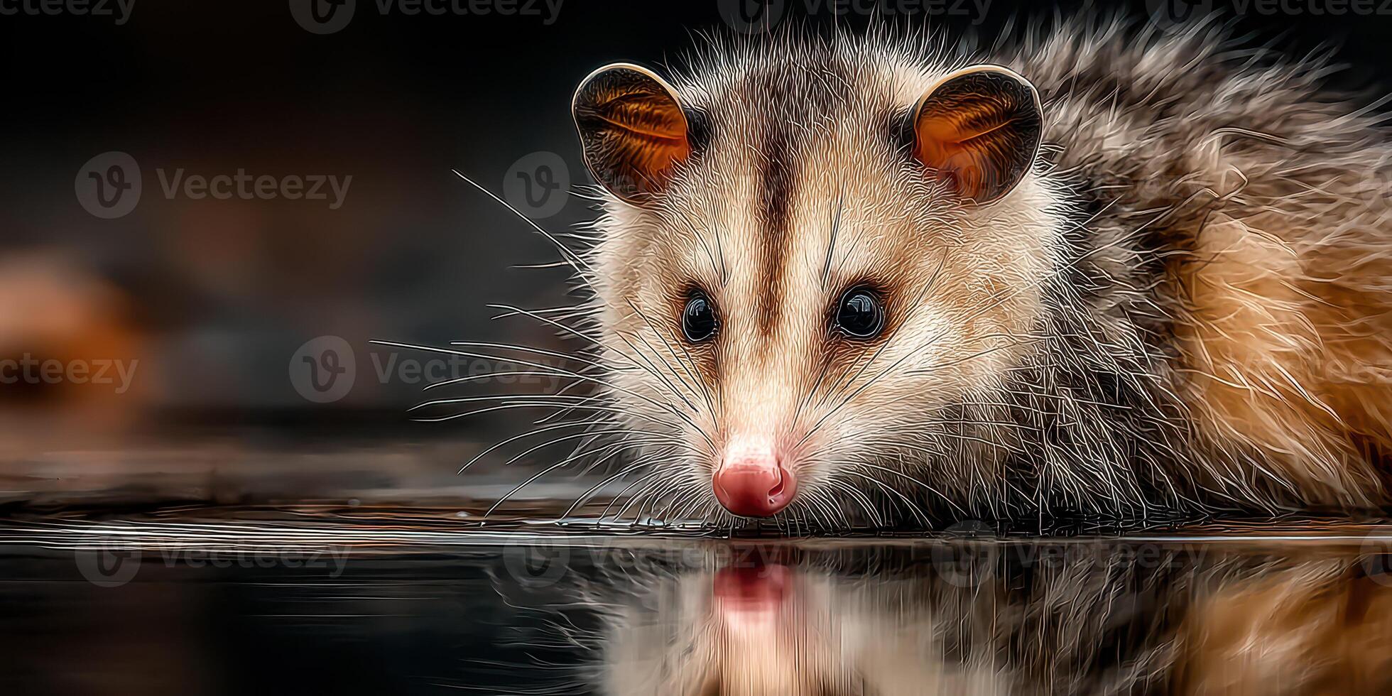 Opossum drinking water at dusk near reflective surface in natural habitat photo