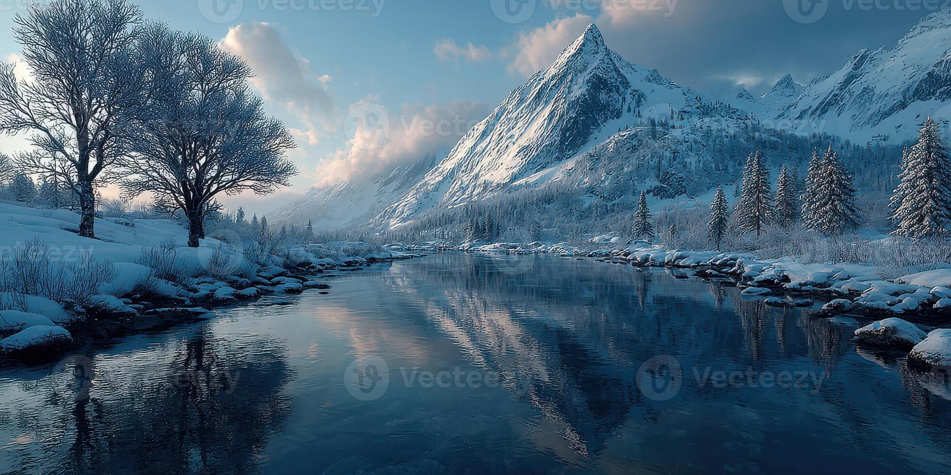 Winter landscape featuring snow-covered mountains and a serene river under a clear blue sky photo