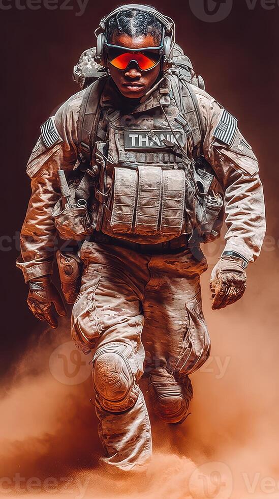 Soldier in tactical gear running through dusty terrain during a military training exercise at sunset photo