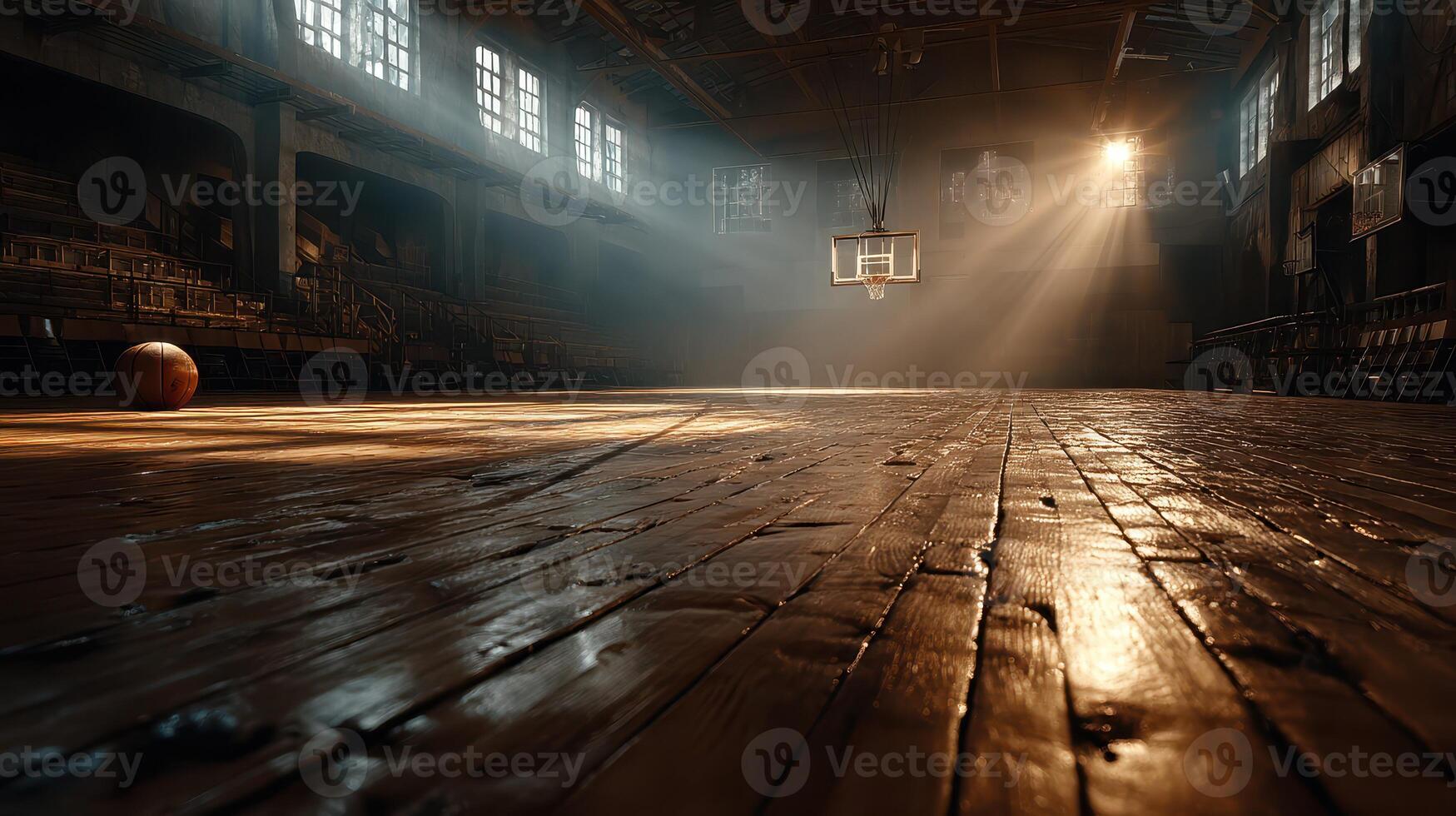 Old basketball court illuminated by sunlight and dust particles in an abandoned gym photo