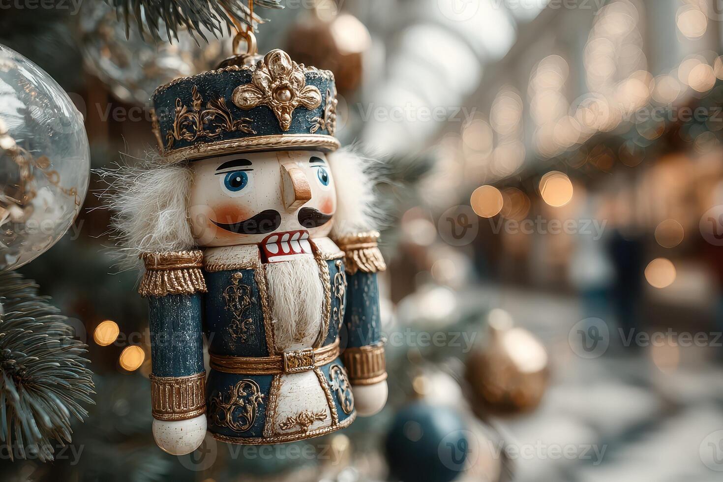 Nutcracker ornament hanging on a Christmas tree in a festive shopping center during the holiday season photo