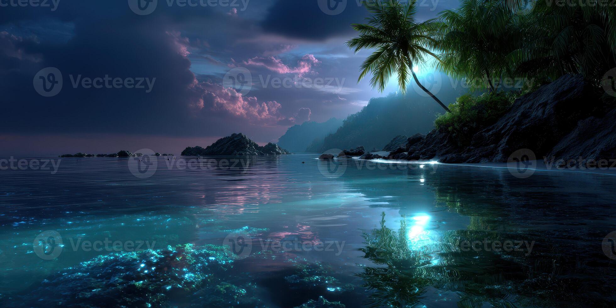 Serene coastal landscape at twilight with palm trees and calm ocean waters reflecting the night sky photo