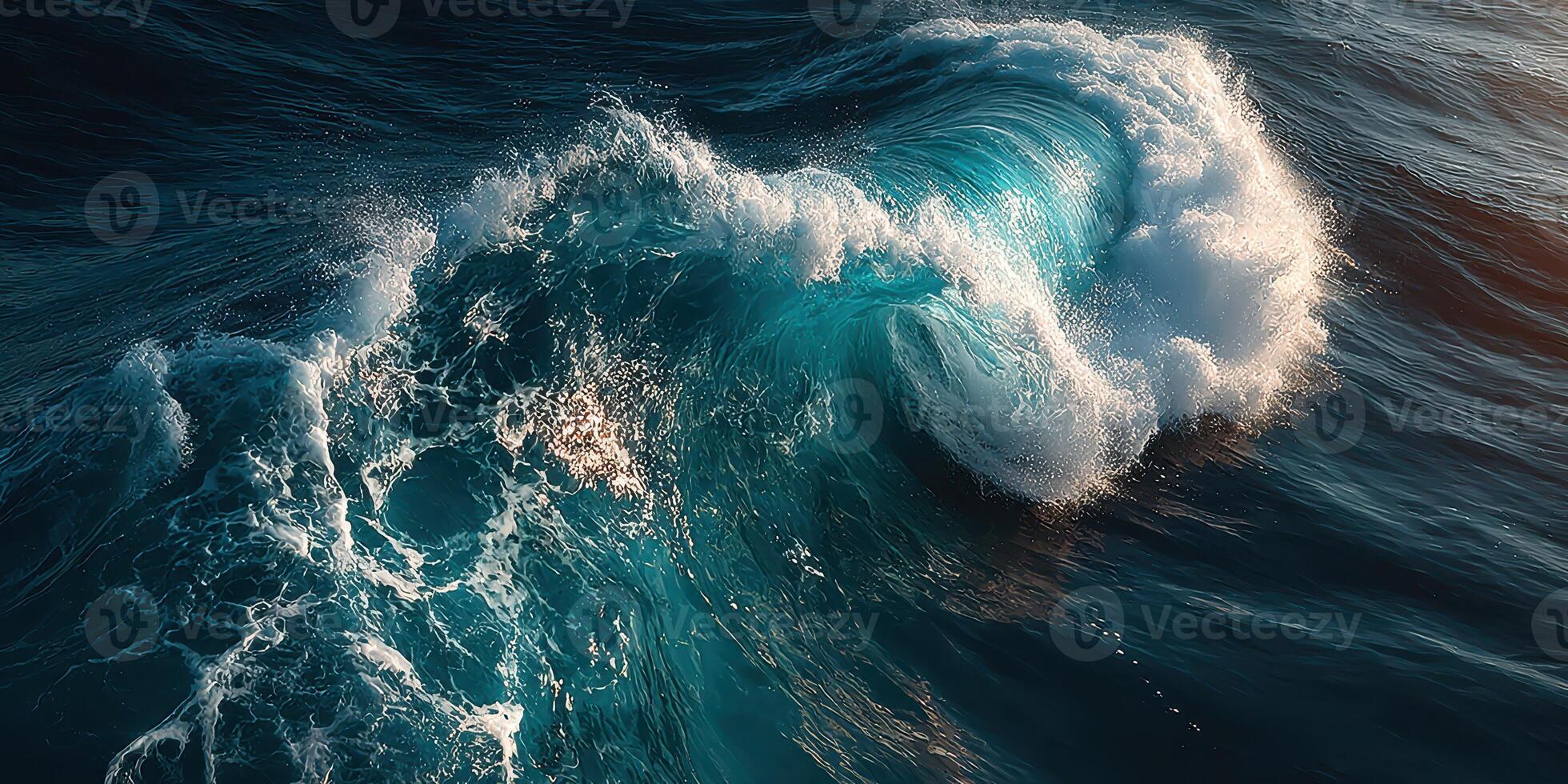 Waves crashing in vibrant blue hues under the evening sun photo