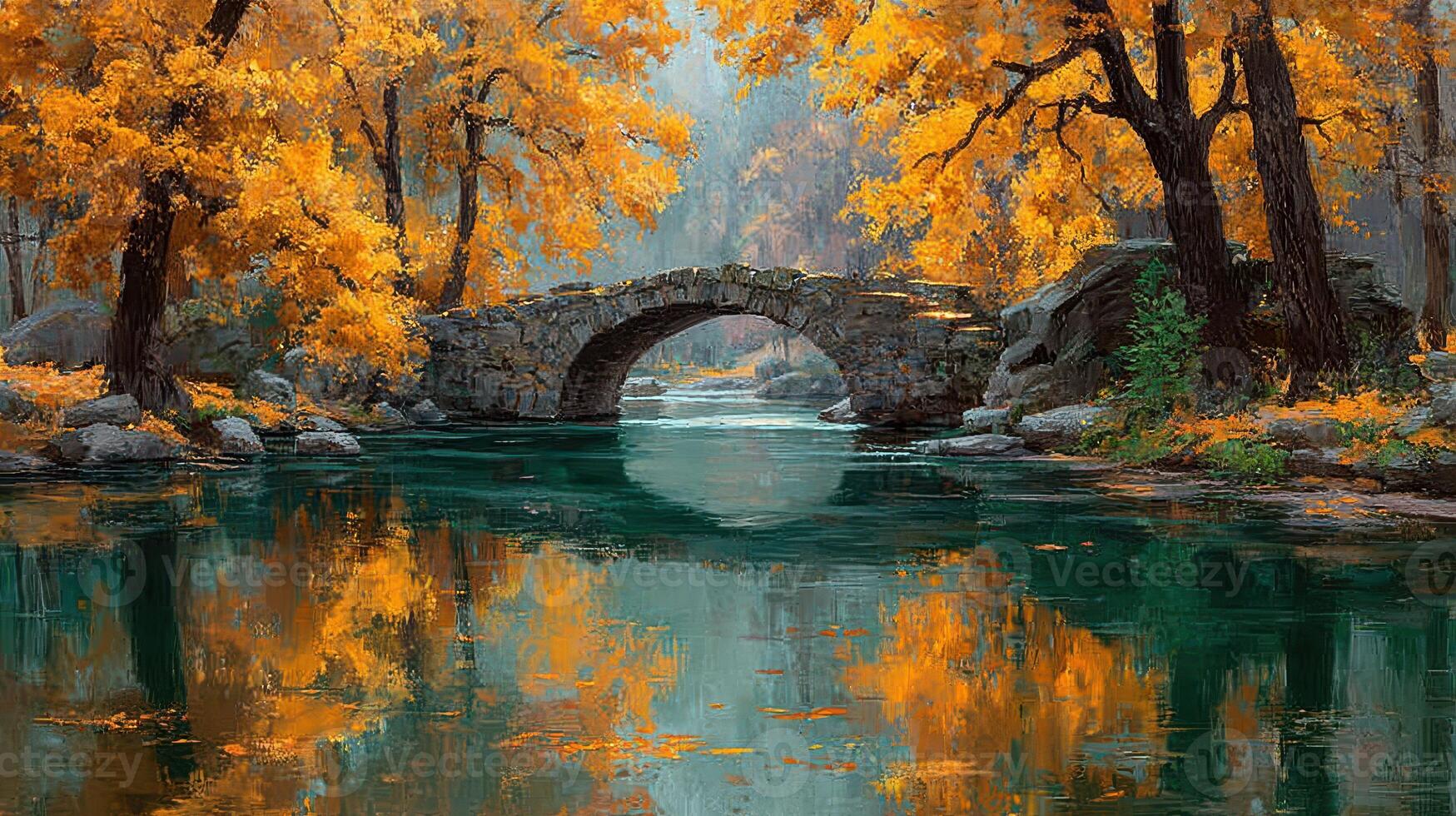 Scenic autumn landscape with a stone bridge over a tranquil river reflecting vibrant fall colors photo