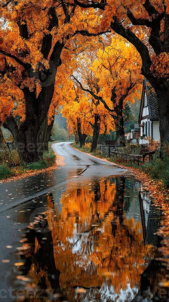 Autumn landscape featuring golden trees reflecting on a wet road in a quiet rural setting photo