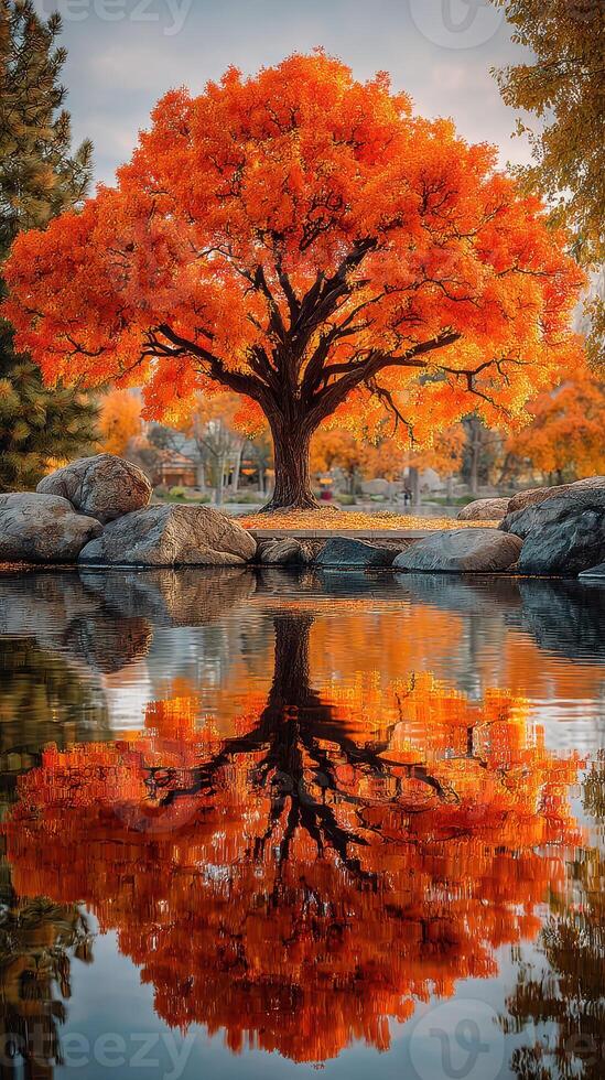 Vibrant autumn tree reflecting on calm water creates a stunning natural landscape in a serene park setting photo
