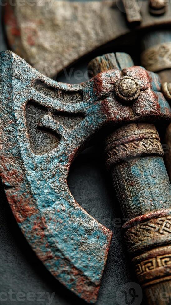 Ancient warrior axe with intricate designs and weathered textures displayed on a dark surface photo
