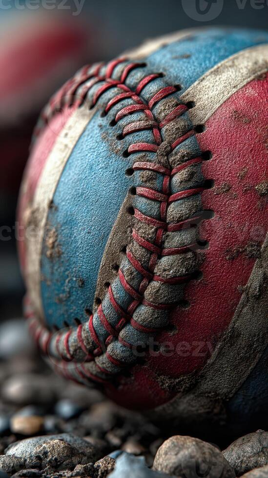 Close-up of a worn baseball showing faded colors and detailed stitching on a gritty surface during an outdoor game photo