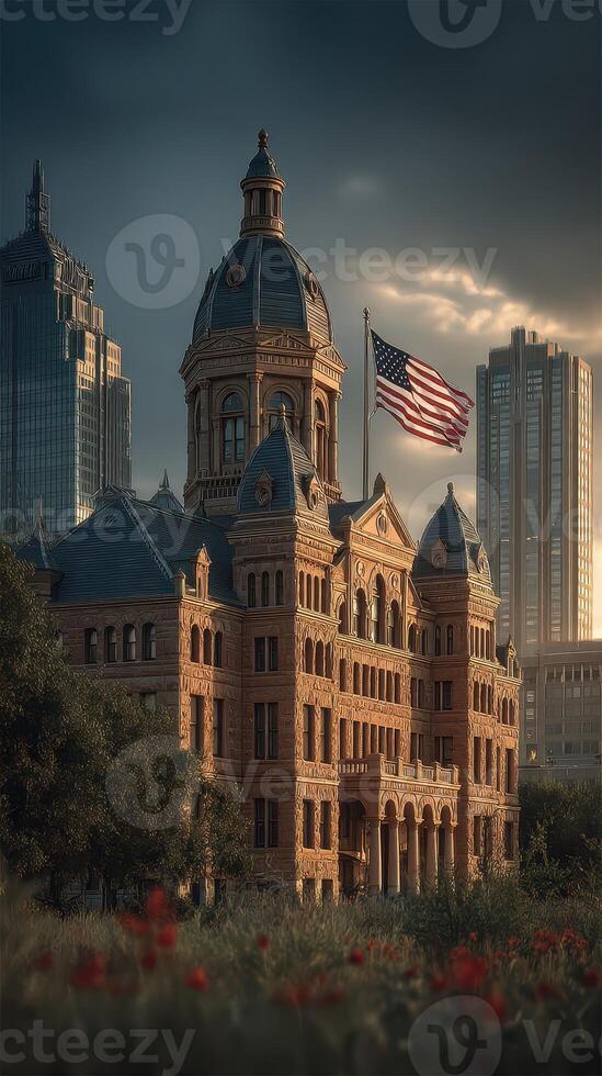 Historic courthouse with American flag at sunset in urban skyline photo