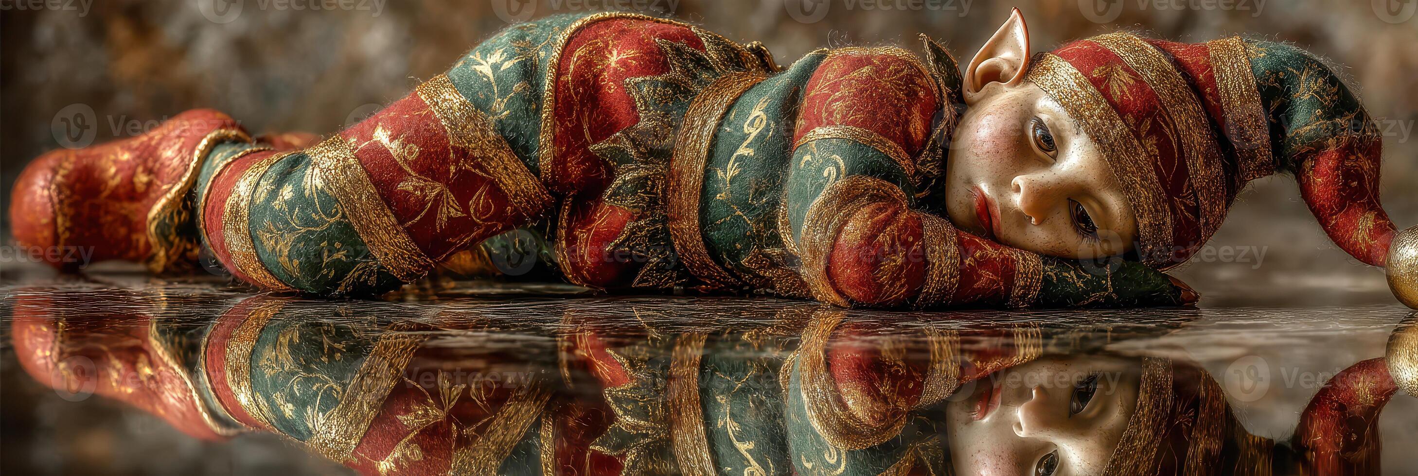 Childlike elf rests on shiny floor with whimsical outfit and playful expression in a cozy indoor setting photo