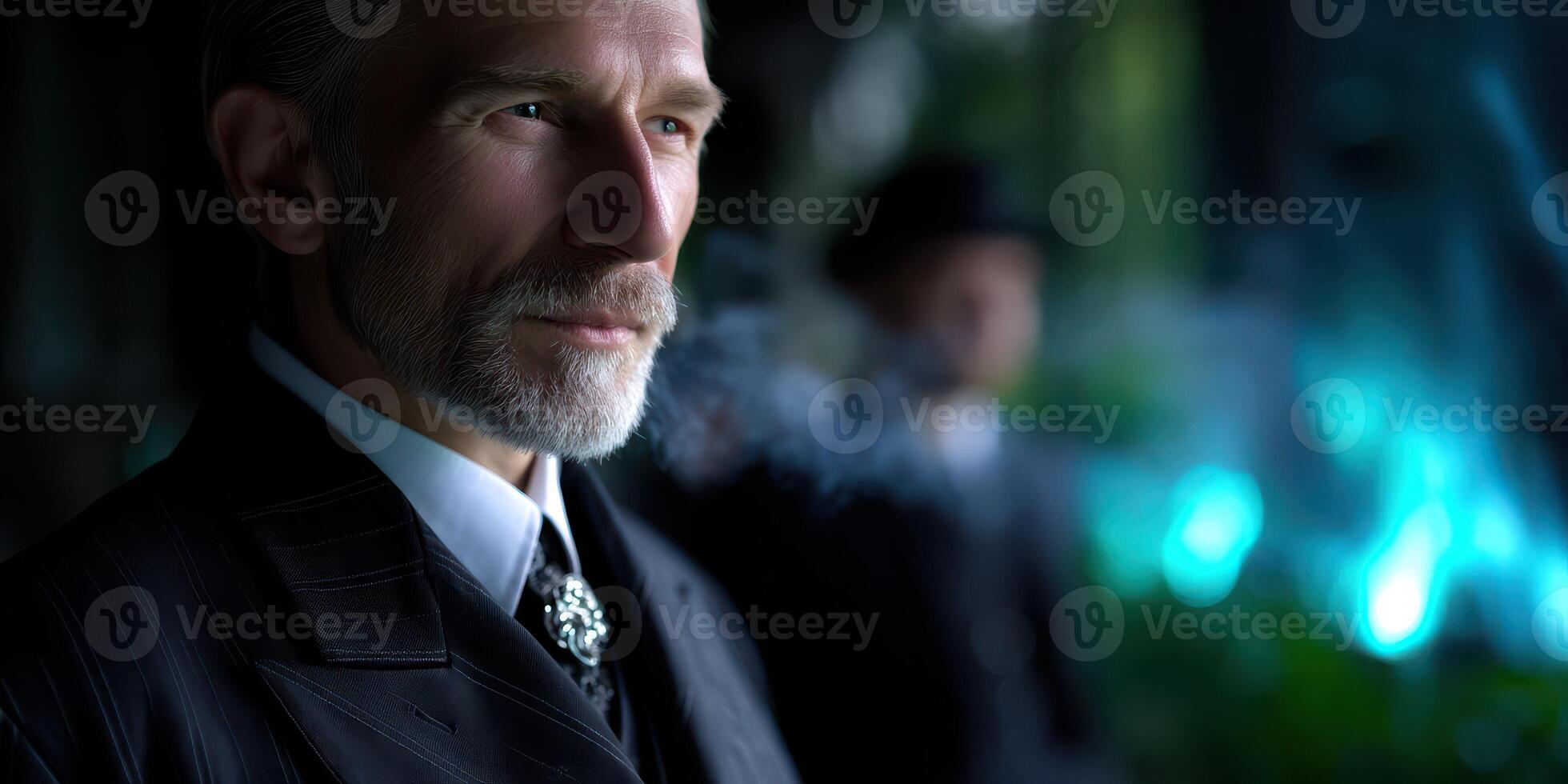 Elegant man in formal attire stands contemplatively in a dimly lit, atmospheric environment during a night event photo