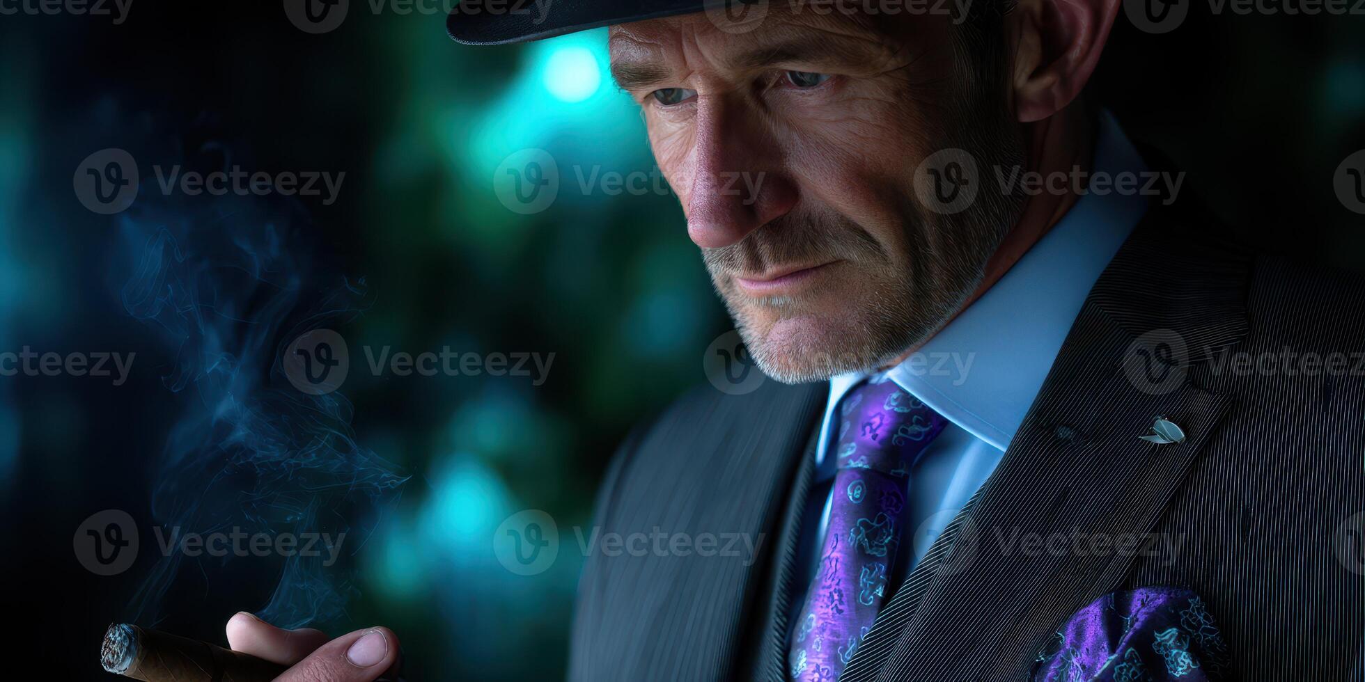 Stylishly dressed man holding a cigar while reflecting in a dimly lit environment photo