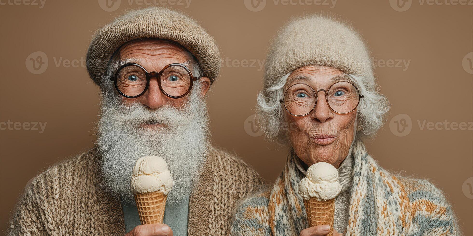 Joyful elderly couple enjoying ice cream cones in cozy sweaters, smiling for a delightful moment photo