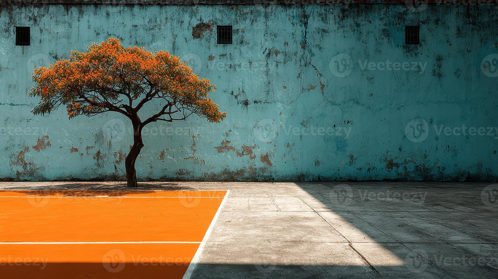 Tree stands alone against a weathered blue wall with bright orange court in urban setting during daylight photo
